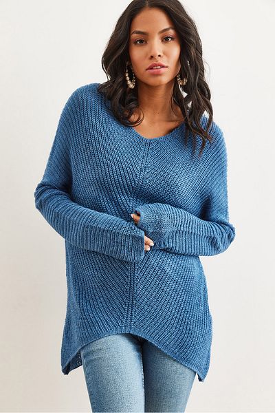 Olalook Indigo V-Neck Bias Knitted Women's Sweater - Kzk- 19000867