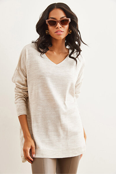 Olalook V-Neck Stone Colored Slit Detailed Basic Knitwear Women's Sweater - Kzk- 19000868