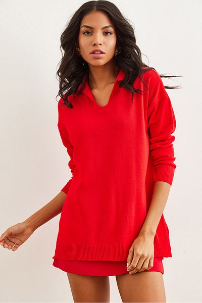 Olalook Women's Red Polo Collar Basic Knitwear Sweater Kzk- 19000871