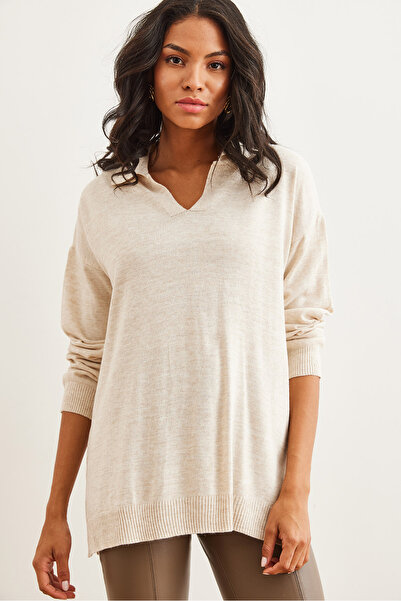 Olalook Women's Stone Polo Collar Basic Knitwear Sweater Kzk- 19000871