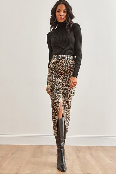 Olalook Damen-Gabardine-Rock mit Leopardenmuster, Steintasche und Schlitz – ETK- 19000285