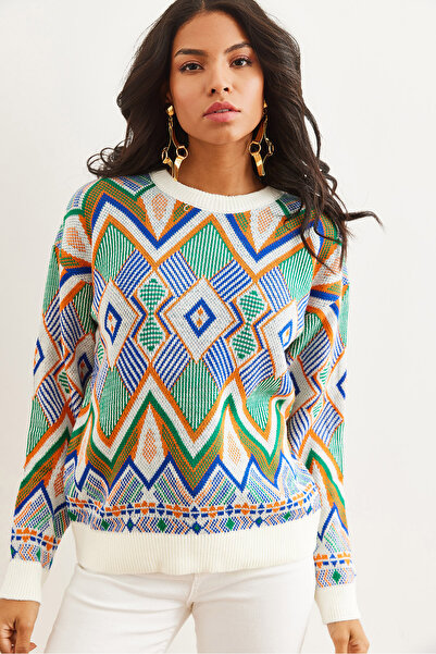 Olalook Ecru Rug Patterned Women's Knitwear Sweater - Kzk- 19000869