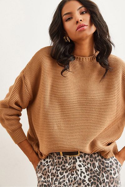 Olalook Női Camel Crew Neck Links Kötött kötöttáru Pulóver KZK- 19000870