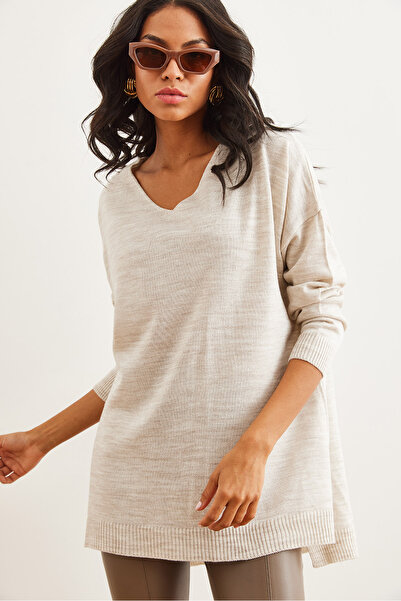 Olalook V-Neck Stone Colored Slit Detailed Basic Knitwear Women's Sweater - Kzk- 19000868