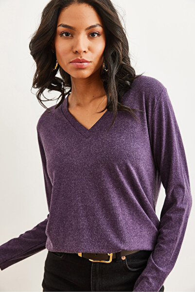 Olalook Dámská fialová splývavá halenka z viskózy s výstřihem do V – 19002729