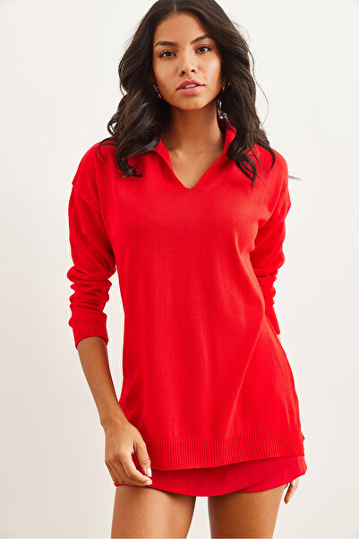 Olalook Kadın Kırmızı Polo Yaka Basic Triko Kazak KZK-19000871