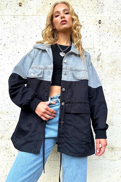 Trend Alaçatı Stili Černá padáková zdobená oversize Jean bunda – dámská, čtyři kapsy Alc-X12768