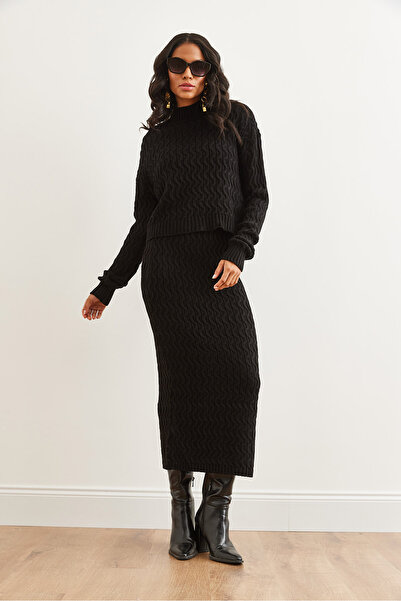 Olalook Women's Black Hair Braid Bottom Top Knitwear Set Tkm- 19000315