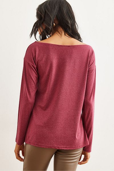 Olalook Bluză de damă bordeaux cu gât barcă din lână viscoză fluidă BLZ- 19002738