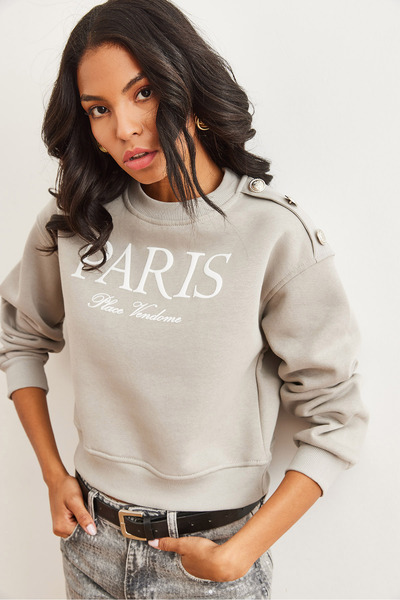 Olalook Hanorac crop pentru femei, gri Yunus, cu nasturi pe umeri - SWT- 19000695