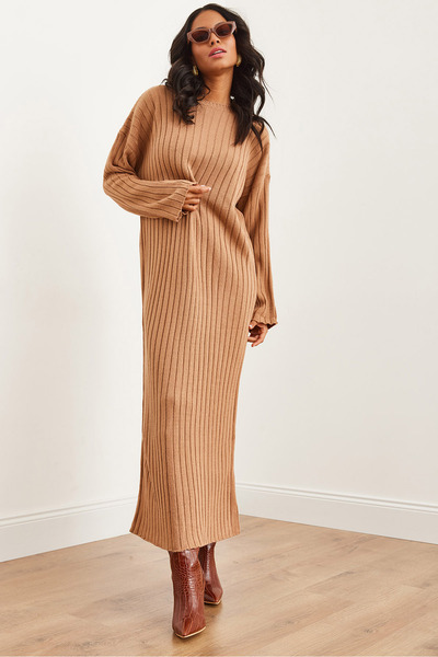 Olalook Kadın Camel Kalın Fitilli Maxi Triko Elbise ELB-19002287