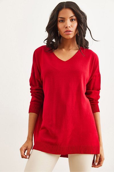 Olalook Roter Strickpullover mit V-Ausschnitt – Seitenschlitz KZK- 19000868