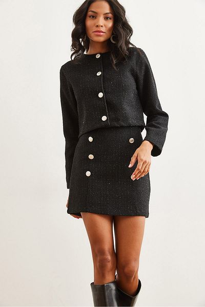 Olalook Women's Black Button Detailed Skirt Jacket Set Tkm- 19000316