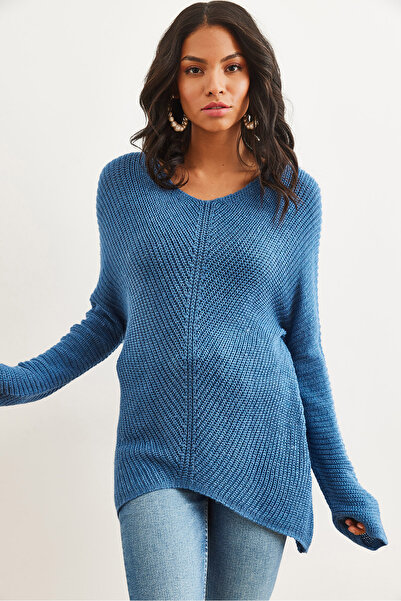 Olalook Жіночий пуловер з V-подібним вирізом індиго KZK19000867