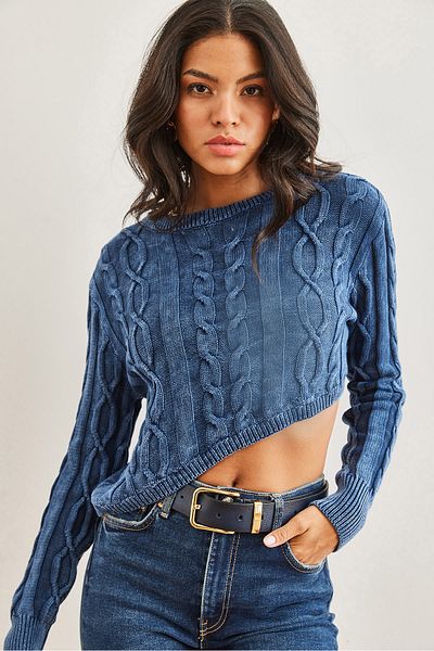 Olalook Indigo Women's Crop Knitwear Sweater - Hair Knit Asymmetrical Washed Kzk- 19000865
