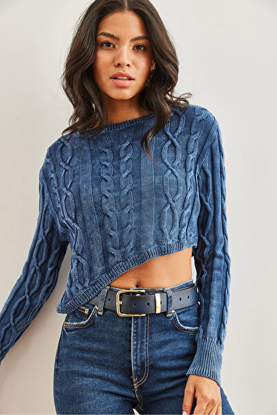 Olalook Індіго жіночий трикотажний светр з кроп-трикотажу Пуловер Оргу асиметричний прання KZK19000865