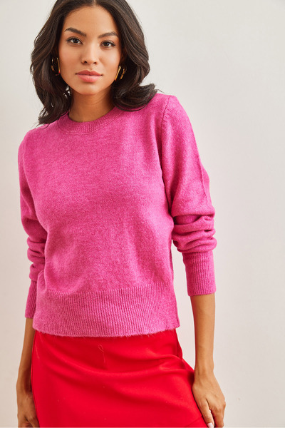 Olalook Fuchsia Soft Textured Crew Neck Knitwear Sweater - Kzk- 19000845