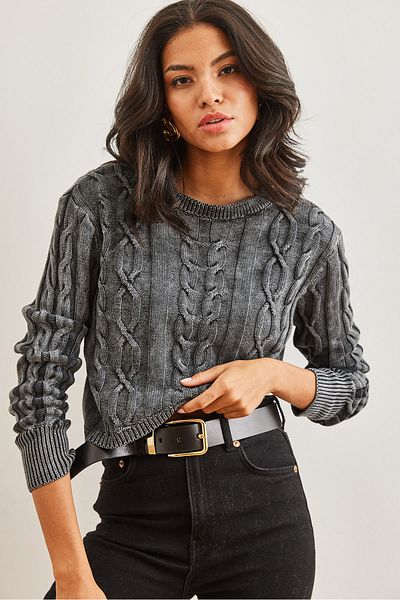Olalook Pulover de damă din tricot de păr antracit, asimetric, lavabil, tricotaj, KZK- 19000865