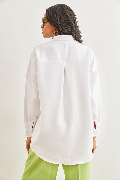 Olalook Biała haftowana - wełniana koszula zimowa oversize Gml- 19001159