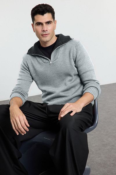 Trendyol Collection Gray Casual Regular Half Turtleneck Plain Knitwear Sweater Tmnaw25Kz00008
