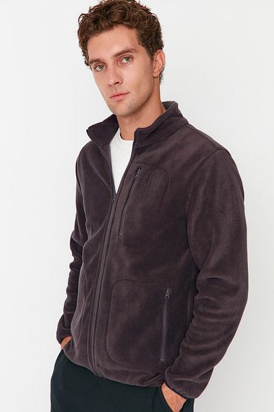 Trendyol Collection Anthracite Zippered Fleece Sweatshirt - Warm, Anti-Pilling, Regular Fit Tmnaw23Hi00050