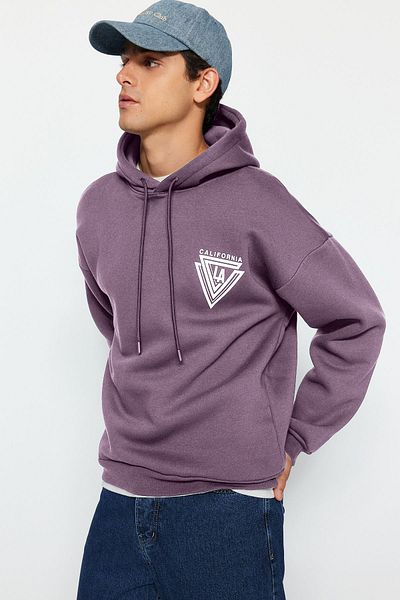 Trendyol Collection Μωβ 100% βαμβακερή κουκούλα Oversize/Wide Fit College εμπριμέ φλις φούτερ TMNAW24SW00063