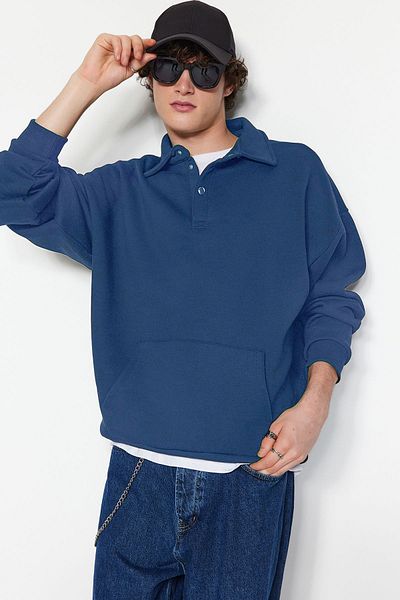Trendyol Collection Суичър с полар с голяма яка на риза индиго - с джобове Tmnaw24Sw00137