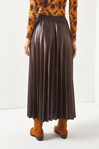Olalook Дамска плисирана пола тип камбана в горчив кафяв цвят на кожата ETK-19000233