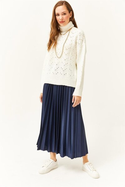 Olalook Kadın Lacivert Deri Görünümlü Pilise Çan Etek ETK-19000233