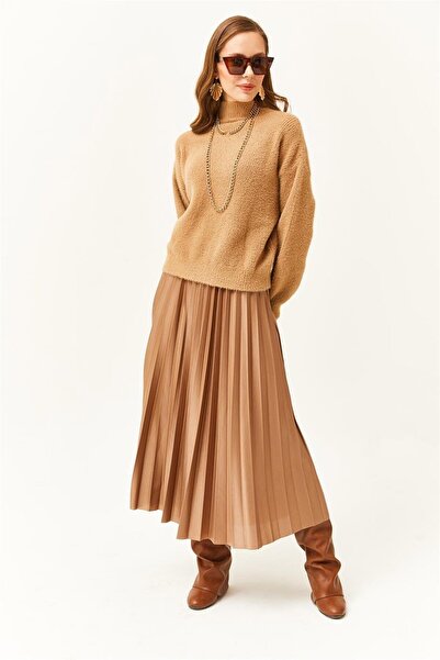 Olalook Дамска плисирана а-силуетна пола с визия на кожа от норка ETK-19000233