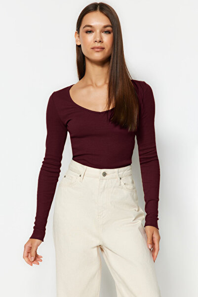 Trendyol Collection Bordó-Stone 2 csomagos V-nyakú, testhezálló pamut rugalmas kötött blúz TWOAW24BZ00068