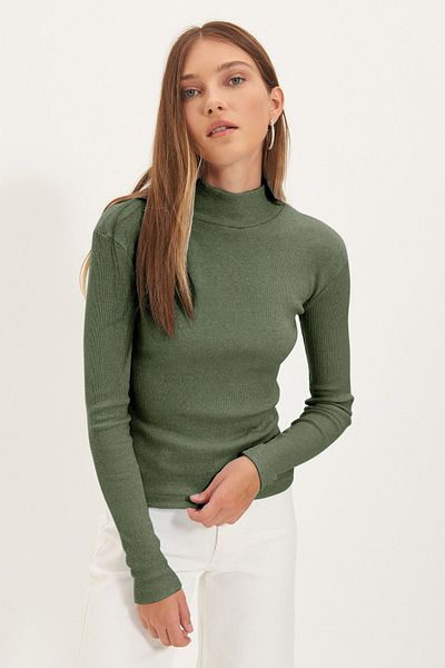 Trendyol Collection Ελαστική πλεκτή μπλούζα χακί με ραβδώσεις - γιακάς, μακρυμάνικο, εφαρμοστό σώμα TWOAW21BZ0423