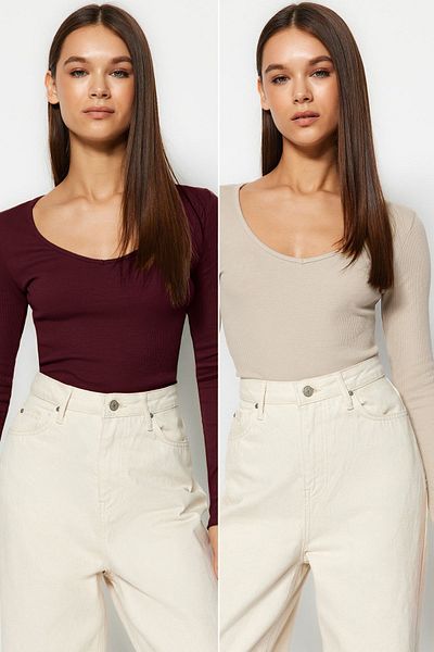 Trendyol Collection Burgundy-Stone 2-Pack V-Neck Fitted/Fitted Cotton Stretch Knitted Blouse Twoaw24Bz00068