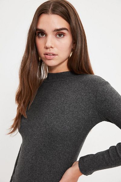 Trendyol Collection Flexible Corded Knitted Mini Pencil Dress - Stand Collar, Anthracite Twoaw21El2244