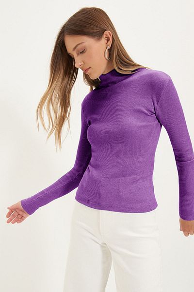 Trendyol Collection Ελαστική πλεκτή μπλούζα από δαμάσκηνο - όρθιος γιακάς, μακρυμάνικο, εφαρμοστό σώμα TWOAW21BZ0423