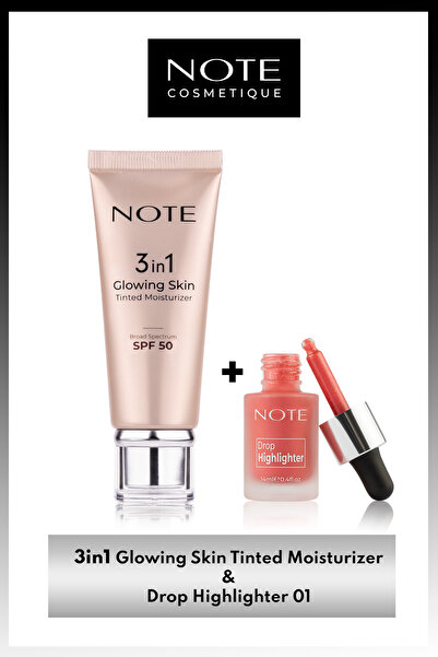 NOTE 3 in 1 Glowing Skin Tinted Işıltılı 50 SPF Krem & Drop Highlighter 01 Li...