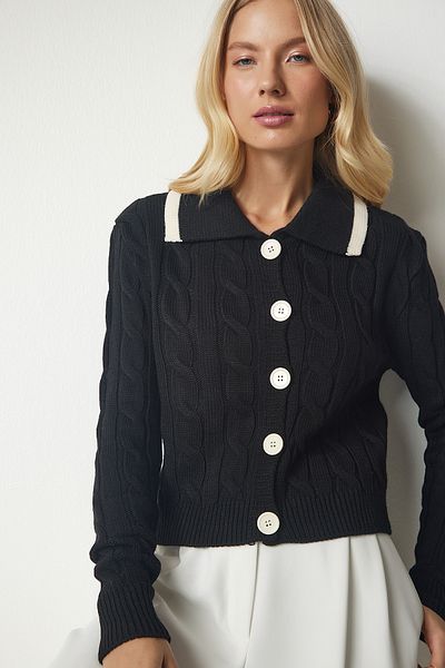 Happiness İstanbul Woman's Black Knitted Motif Buttoned Knit Cardigan MX00143