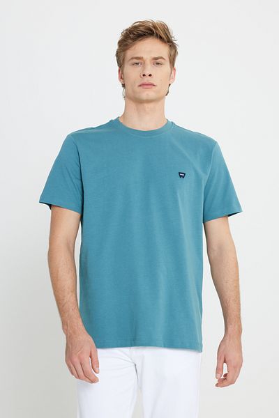 WRANGLER 100% Cotton Regular Fit Regular Cut Crew Neck Men's Turquoise Patch Logo T-Shirt