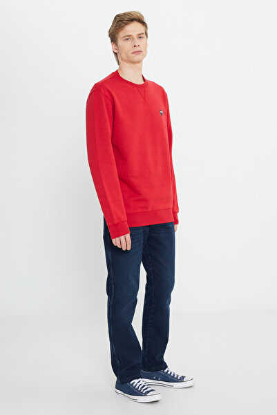 WRANGLER Regular Fit Regular Cut 100% Cotton Crew Neck Men's Red Minimal Logo Sweatshirt