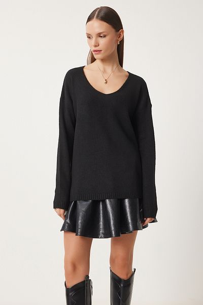 Happiness İstanbul Woman's Black V-Neck Knit Sweater ZA00063