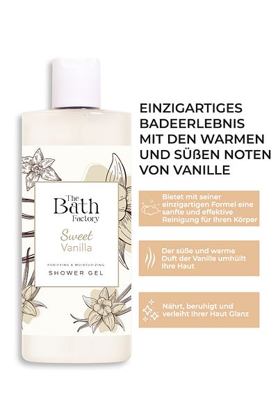 THE BATH FACTORY Feuchtigkeitsspendendes und pflegendes Duschgel mit Vanillegeschmack 400 ML
