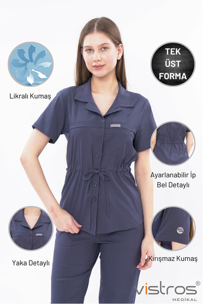 Vistros Medikal Ceket Yaka Düğme & Kuşak Detaylı Likralı Kadın Medikal Forma Doktor Hemşire Gri Bluz ÜST (V-009U)