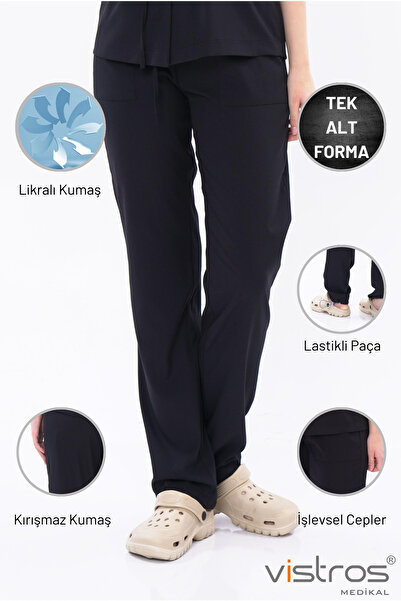 Vistros Medikal Boru Paça Yan Cep Detaylı Likralı Medikal Forma Doktor & Hemşire Forması Cerrahi Siyah ALT (V-009A)