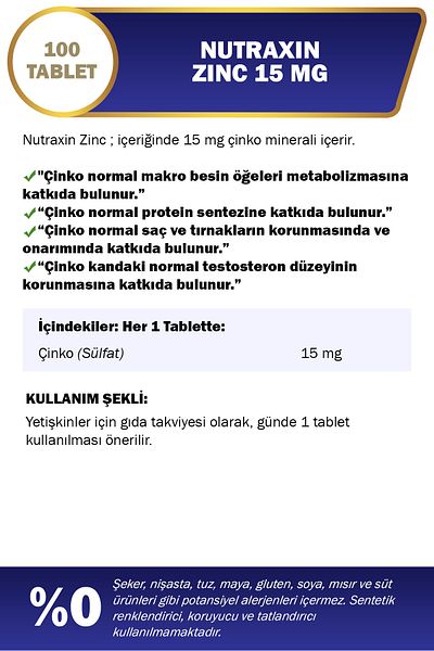 Nutraxin Zinc Sulphate 15 mg 100 Tablets Food Supplement Containing Zinc Sulfate