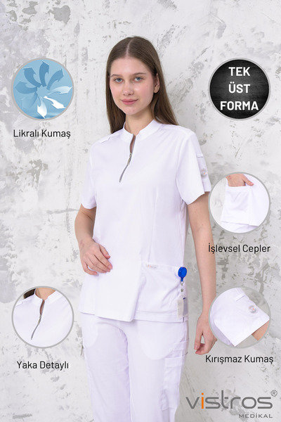Vistros Medikal Likralı Yüksek Kaliteli Likralı Beyaz Scrubs Hemşire Doktor Üniforma (Üst) V-010U