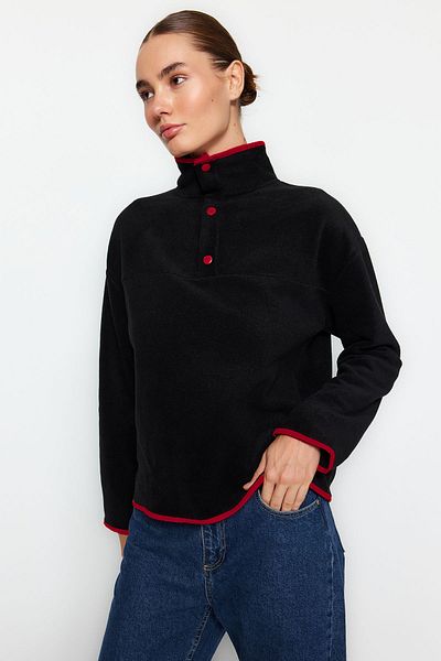 Trendyol Collection Черен трикотажен суитшърт от полар, обикновена/нормална кройка, цветни блокове и джобове TWOAW24SW00368