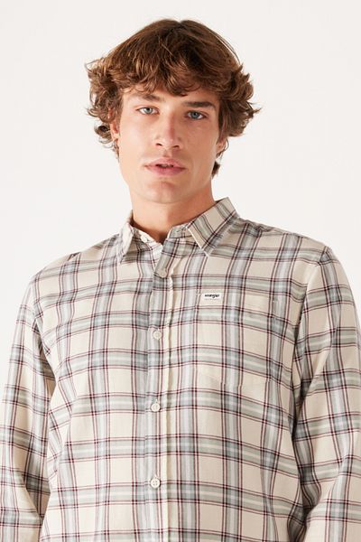 WRANGLER 100% Cotton Regular Fit Regular Fit Men's Off-White Plaid Long Sleeve Shirt