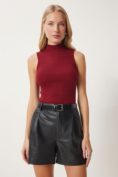 Happiness İstanbul Damen-Strickbluse aus Baumwolle in Weinrot mit Rollkragen GT00004