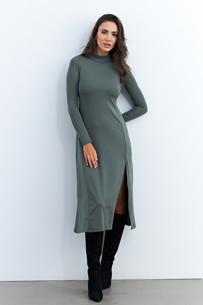 Cool & Sexy Khaki Turtleneck Midi Women's Dress - Hor15