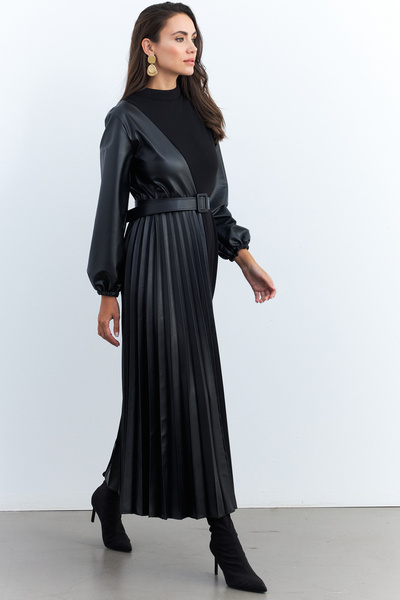 Cool & Modest Černá umělá kůže - Plisované Block Maxi Dámské šaty Malz100